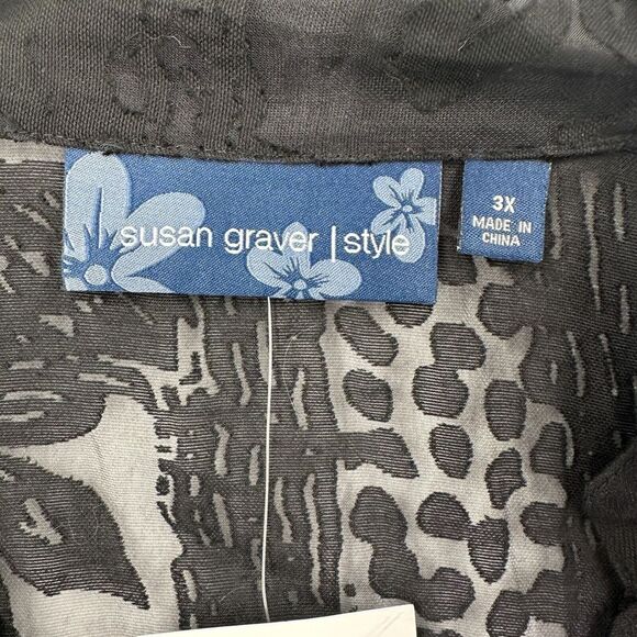 NWT SUSAN GRAVER Blouse Womens 3X Black Burnout Sheer Popover Button Top - Picture 7 of 10